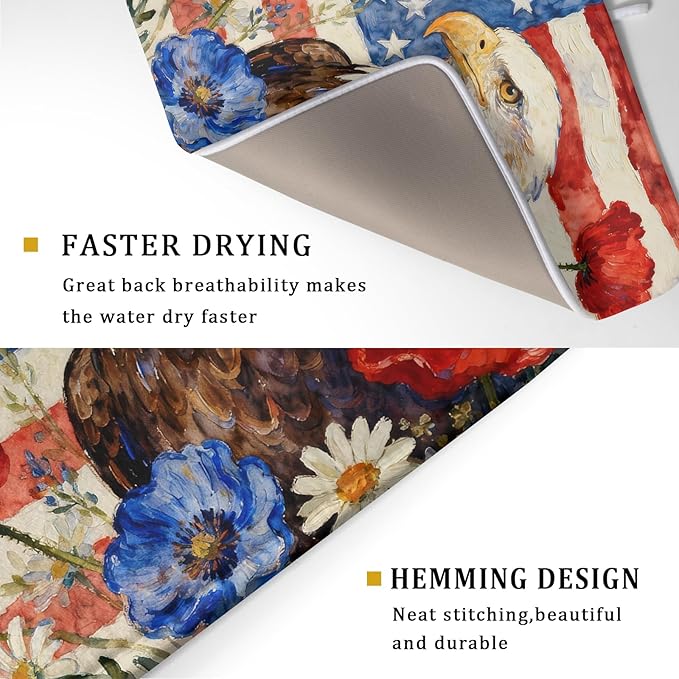 4th of July American Flag Eagle Dish Drying Mat for Kitchen Counter 18x24 Patriotic Floral Memorial Day Absorbent Reversible Microfiber Drying Mats Kitchen Countertop Protector Dishes Drainer Pad