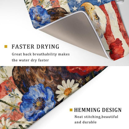 4th of July American Flag Eagle Dish Drying Mat for Kitchen Counter 18x24 Patriotic Floral Memorial Day Absorbent Reversible Microfiber Drying Mats Kitchen Countertop Protector Dishes Drainer Pad