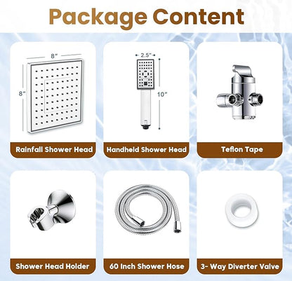 BRIGHT SHOWERS Rain Shower Head with Handheld Spray, 8 Inch High Pressure Rainfall Shower Head Combo with 60” Hose, Adjustable Dual Square Showerhead with 3-Way Diverter, Wall Bracket, Chrome