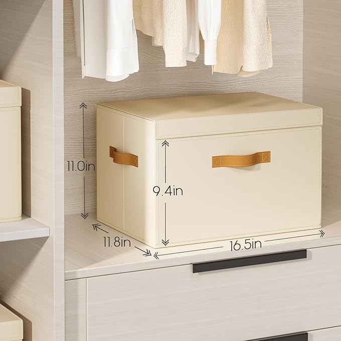 Large Storage Bins with Lids - Front Opening Fabric Storage Bins, Flap Closet Organizer with Handles, Collapsible Boxes with Lid, Decorative Basket for Home, Dorm, 6 Pack, Beige