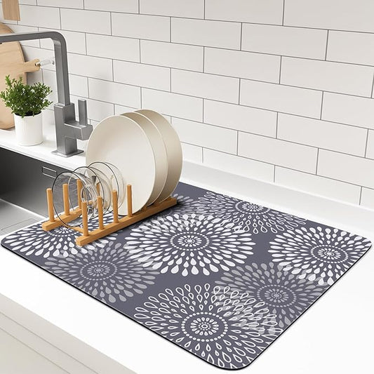 LuxStep Dish Drying Mat Super Absorbent Kitchen Counter Mat Rubber Backing Draining Mat Easy to Clean Kitchen Accessories Dish Rack Pad for Dishes, Utensils, Countertops, Sinks 15" x 18" Grey