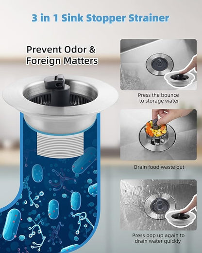 Universal 3 in 1 Kitchen Sink Drain Strainer Stopper Combo, Stainless Steel Shell Pop Up Sink Stopper for US Standard 3-1/2 inch Drain Filter, Anti-Clog and Easy Clean