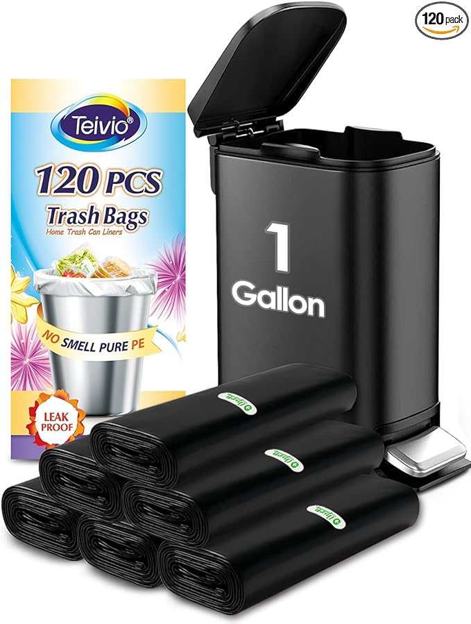 Teivio 1 Gallon(Fit 1-1.2 Gal) 120 Counts Strong Trash Bags 1 Gallon 1.2 Gallon Garbage Bags, Bin Liners, for home office kitchen (Black)