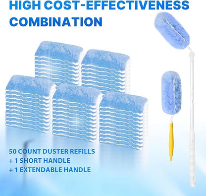 Duster Refill for Swiffer Duster, 50 Count Disposable Dusters Kit for Cleaning Dusting Furniture Blind Ceiling Fan, Multi Surface 360 Feather Duster + 3FT Extended Handle + Short Handle