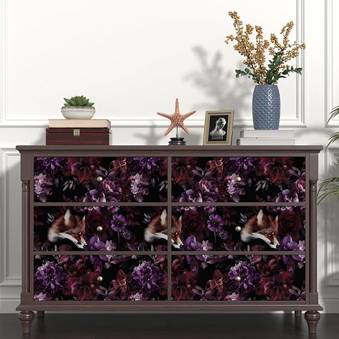 Fox Floral Animal Wallpaper Peel and Stick, Dark Purple/Red Goth Contact Paper, Black Vintage Gothic Wall Paper Self Adhesive Removable Waterproof for Bedroom Shelf Cabinet Drawer Table 17.5" x 118"