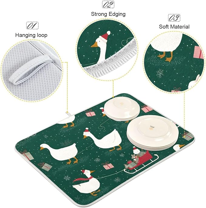 Christmas Geese Pattern Dish Drying Mat for Kitchen Counter Super Absorbent Drying Mat 16x18 inch Large Dish Drying Matts for Countertop Protector Dishes Pad