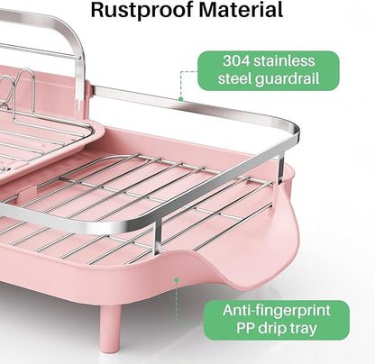 SAYZH Dish Drying Rack - Expandable Dish Rack for Kitchen Counter, Rust-Resistant Dish Drainer with Utensil Holder and Raised Guardrail, Kitchen Organizer for Cup and Bottle (Pink)