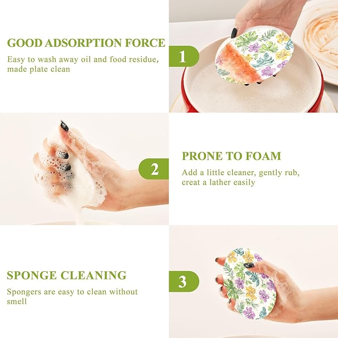 Tropical Flowers Leaves Kitchen Scrub Sponges, Pop-up Kitchen Cleaning Sponges Reusable Dish Washing Sponges for Bathroom Household Cleaning 3 Pack - Non Scratch Scrubber