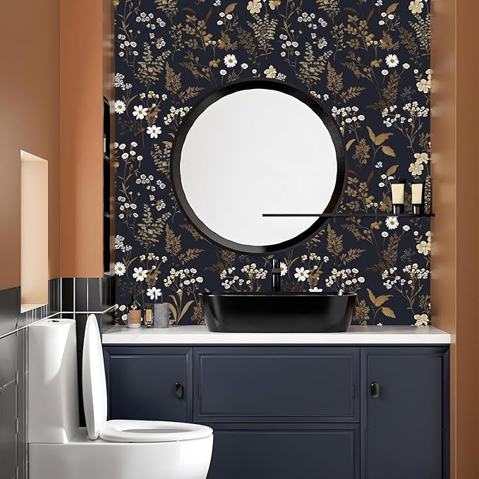 Laatse Dark Floral Wallpaper Peel and Stick 17.5in x 197in Vintage Navy Gold Leaf Wallpaper Vinyl Waterproof Self-Adhesive Dark Blue Botanical Wall Paper Mural for Bookcase Bedroom Cabinet Decor