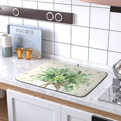 Spring Sage Green Leaves Dish Drying Mat for Kitchen Counter Eucalyptus Leaf Floral Mason Jar Dishes Drainer Mats Absorbent Microfiber Dish Draining Mat Reversible Dish Pad 16x18 Inch