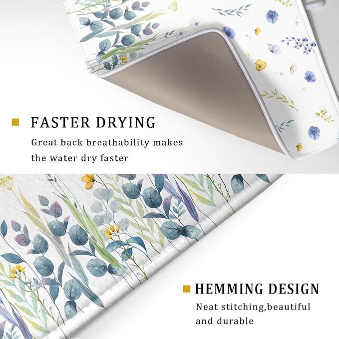 Floral Dish Drying Mat for Kitchen Counter 24x18 Inch Yellow Purple Flower Drying Mat with Absorbent Reversible Microfiber Season Spring Dish Drainer Mats Rack Pad for Coffee Countertop Protector