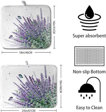 Purple Lavender Dish Drying Mat for Kitchen Counter Spring Summer Floral Microfiber Dish Drainer Mats Green Leaves Butterfly Absorbent Reversible Dish Drainer Rack Mat 16x18 Inch