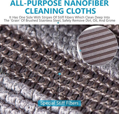 ZHIDIAN Stainless Steel Microfiber Cloth Double-Sided Cleaner Rag, Non-Scratch Scrub Cleaning Polishing Towel for Appliances, Kitchen Reusable Fridge Wipes, Gray Stripe, 8Pack, 12x12Inch