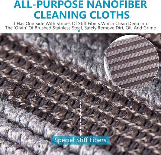 ZHIDIAN Stainless Steel Microfiber Cloth Double-Sided Cleaner Rag, Non-Scratch Scrub Cleaning Polishing Towel for Appliances, Kitchen Reusable Fridge Wipes, Gray Stripe, 8Pack, 12x12Inch