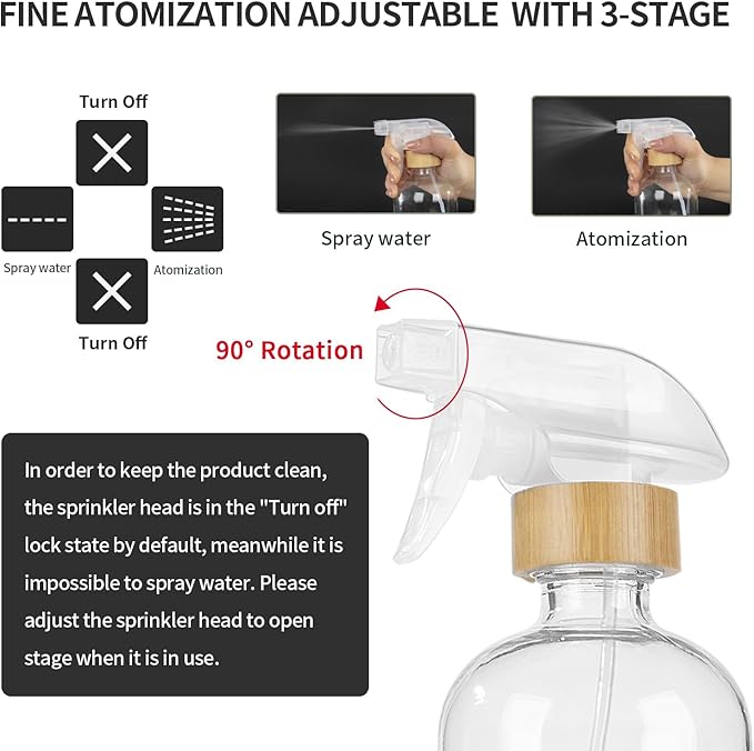 HOMBYS Empty Bamboo Glass Spray Bottles with Silicone Sleeve Protection - Refillable 17 oz Clear Glass Containers for Cleaning Solutions, Essential Oils, Misting Plants - Quality Sprayer - 3 Pack