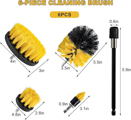 6PCS Drill Brush Attachment Set, 1/4in Power Scrubber Cleaning Brushes with Extended Rod, All Purpose Drill Activated Brushes Cleaning Kit for Car Detailing Carpet Floor Tub