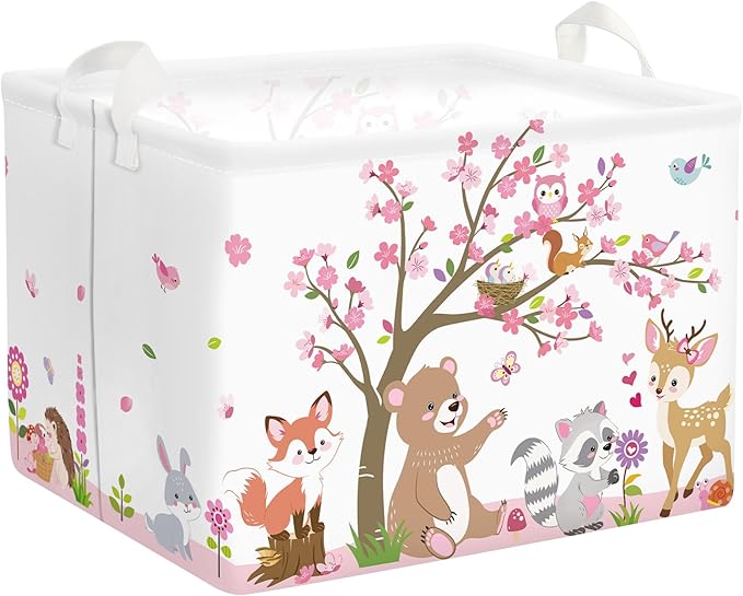 Forest Animals Laundry Hamper Woodland Tree Large Storage Basket Parents Organizer Kids Clothes Toy Bins for Bedroom, Bathroom, Pink, 36L