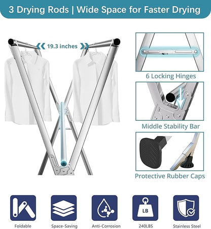 Clothes Drying Rack 95 Inches Folding Indoor Outdoor, Drying Rack Clothing Collapsible Windproof, Foldable Laundry Drying Rack, Heavy Duty Stainless Steel Clothes Rack, Coat rack, 20 Hooks 12 Clips