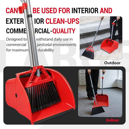 Commercial Broom and Dustpan Set,Heavy Duty Broom Set,Jumbo Debris Dustpan, Trash Collection for Commercial/Industrial Cleaning,2Sets, Red,Extra-Large Size