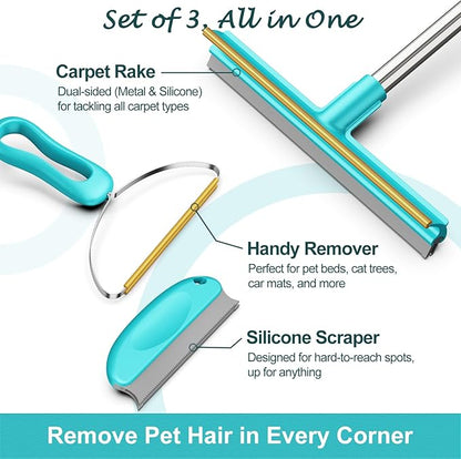 Carpet Rake for Pet Hair Removal (3 Pack), Dog Cat Fur Remover Rubber Broom, Stainless Steel Long Handle Lint Shaver Cleaner Tools, Scraper Brush for Carpet, Rug, Car Mat, Couch, Pet Bed