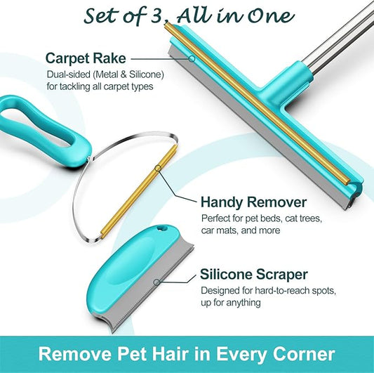 Carpet Rake for Pet Hair Removal (3 Pack), Dog Cat Fur Remover Rubber Broom, Stainless Steel Long Handle Lint Shaver Cleaner Tools, Scraper Brush for Carpet, Rug, Car Mat, Couch, Pet Bed