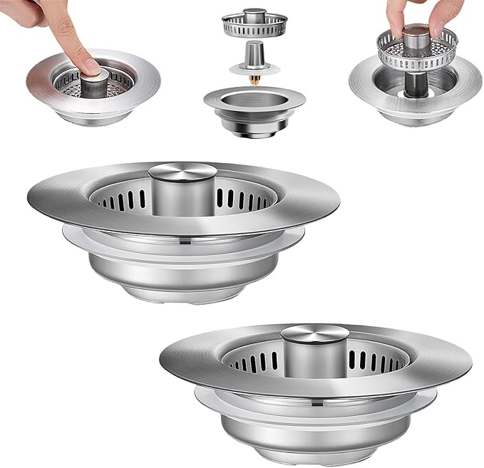 3-in-1 Kitchen Sink Drain Strainer & Sink Stopper 2 Pack : 304 Stainless Steel Sink Drain Strainer, Pop-Up Anti-Clog Design, Fits Standard 3-1/2'' Sink Drains