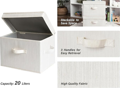 StorageWorks Fabric Storage Bins with Lid, Decorative Storage Boxes for Shelves, Stackable Closet Organizer Basket with Handles, Large, Mixing of Beige, White & Ivory, 2-Pack