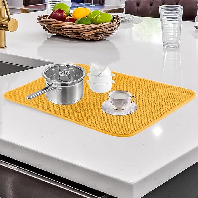 2 Pack Dish Drying Mat, Absorbent Microfiber Dishes Drainer Mats for Kitchen Counter, Small Size, 16 x 12 Inch, Reusable Dish Drying Pad with Hanging Loop (Yellow)
