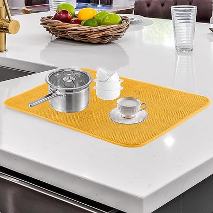2 Pack Microfiber Dishes Drying Mats with Hanging Loop, Absorbent Dishes Drainer Pads for Kitchen Counter, Medium Size Dish Drying Mats for Countertops, Sinks, Drainer Racks, Yellow, 15'' x 20''