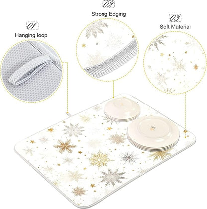 Winter Snowflake White Dish Drying Mat for Kitchen Countertop 18x24 Christmas Snow Golden Xmas Large Drying Mat Reusable Quick Dry Dish Sink Mats Easy Clean Decorative Essentials
