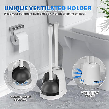 Toilet Plunger and Brush, Silicone Bowl Brush and Heavy Duty Toilet Plunger Set with Ventilated Holder, 2-in-1 Toilet Brush and Plunger Combo for 5.3-inch Bathroom Cleaning (White, 1 Set)