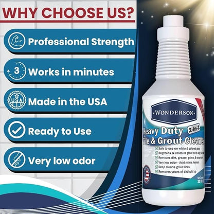 Wonderson Professional Strength 2-in-1 Heavy Duty Tile & Grout Cleaner with Acid Mimic Formula for White & Colored Grout with Ceramic or Porcelain Tiles - 32oz - 2 Pack