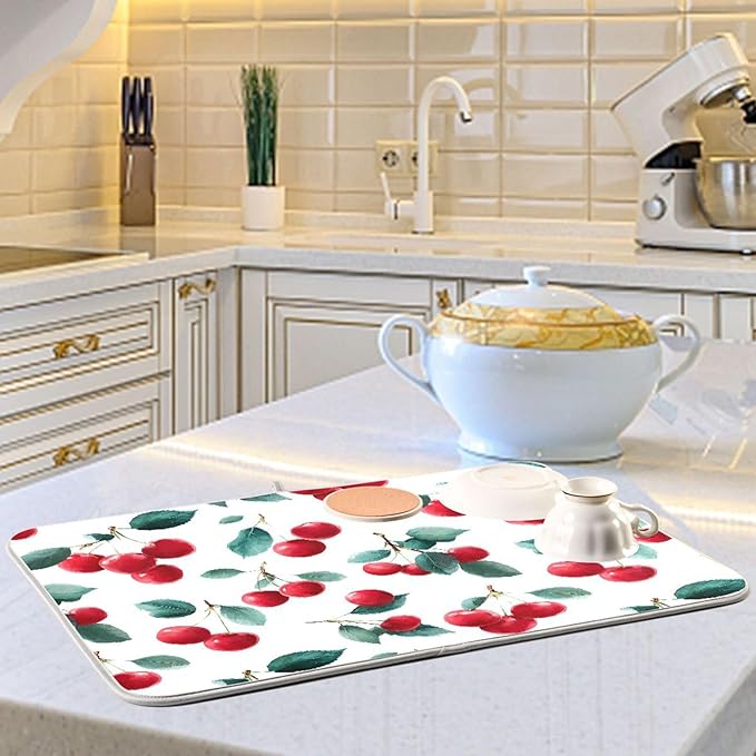 Red Cherry Leaves Dish Drying Mat for Kitchen Counter Absorbent Microfiber Drying Pad, Large 18x24 in