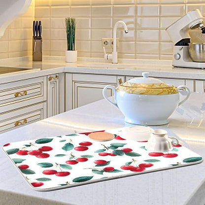 Red Cherry Leaves Dish Drying Mat for Kitchen Counter Absorbent Microfiber Drying Pad, Medium 16x18 in