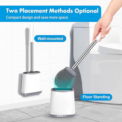 Toilet Brush, Silicone Toilet Brush and Holder, Flexible Toilet Bowl Brush Head with Ventilated Holder, Wall Mounted Compact Toilet Brush Set for Bathroom Cleaning (1, Gray)