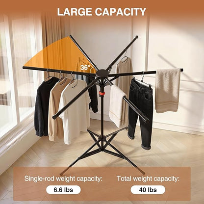 4-Leg Clothes Drying Rack with 6 Adjustable Poles, 20 Windproof Hooks and 2 Sock Clips Foldable Laundry Drying Rack, Space-Saving Indoor/Outdoor Clothes No-Installation Drying Stand, Black