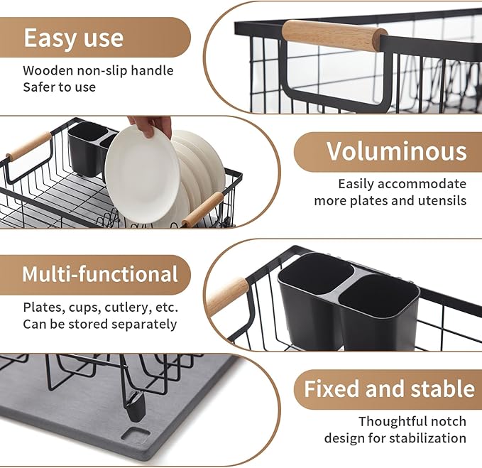 Dish Drying Rack with Stone Drying Mat, Dish Drainer and Diatomaceous Earth Dish Mat, Dish Drainers for Kitchen Counter with Stone Dish Mat