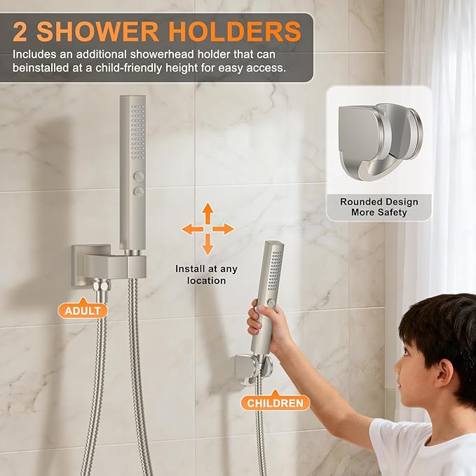 Brushed Nickel Shower System with Tub Spout, Ceiling Mounted Bathtub Shower Faucet Set, 12" Rainfall Shower Head and Handheld Shower Combo, High Pressure Shower Fixtures Set with Rough-in Valve