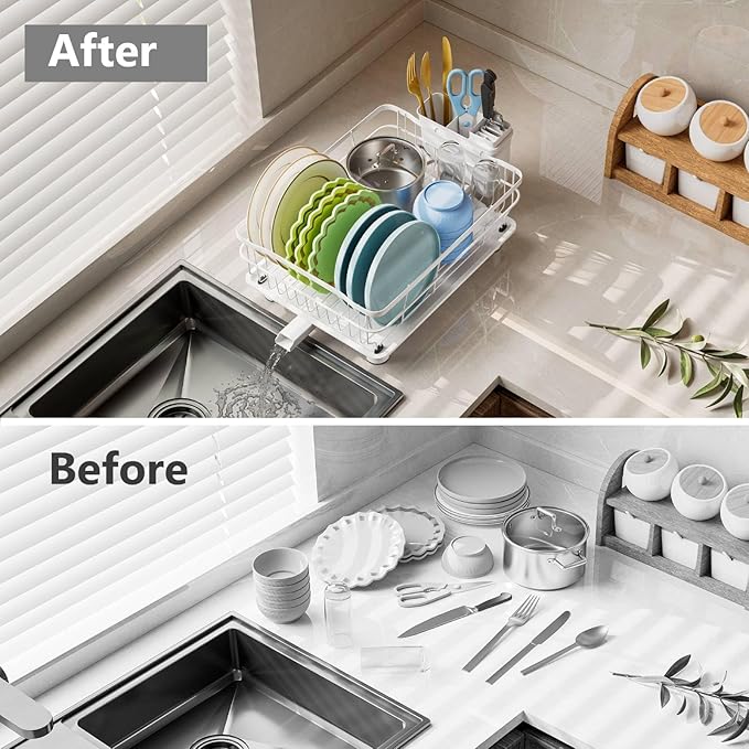 AIDERLY Iron Dish Drying Rack Auto Drain Dish Drainers Kitchen Counter Strainer with Draining Tray, All White