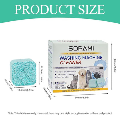 SOPAMI Washing Machine Cleaner Tablets 24-Pack (12 Month Supply) for HE/Top/Front Load Washers - Removes Stubborn Pet Hair, Odors, Mold & Residue, Septic Safe & Fragrance Free