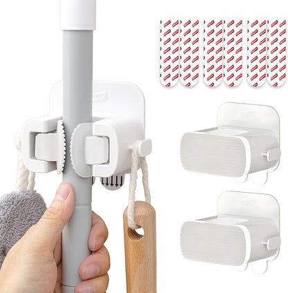 TAILI Mop and Broom Holder Wall Mount Grippers, 3 Hangers and 8 Adhesive Strips, Damage Free Hanging Wall Mount, Household Cleaning Organizer for Organization and Storage, Holds up to 4 lbs, White