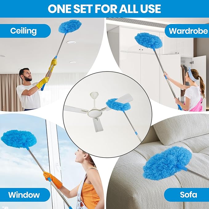 Ceiling Fan Cleaner Duster Kit 72 Inch Ceiling Fan Duster Extension Pole 8-in-1 Microfiber Duster Set for High Ceilings, Fan Blades, and Lights Reusable Cleaning Tools with Storage Bag