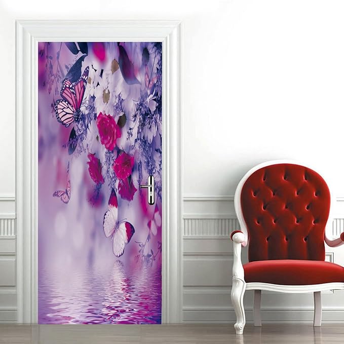A.Monamour 3D Door Stickers for Interior Doors Red White Flowers and Butterflies Vinyl Waterproof Self Adhesive Door Mural Decals for Bedroom Office Bathroom 85x215cm