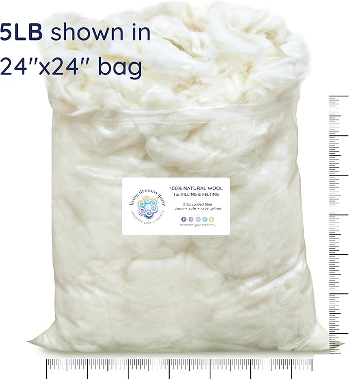 Core Wool for Needle Felting, Crochet Toys, Amigurumi Stuffing. Super Clean Wool Filler for Pillows, Stuffed Animals, Dryer Balls. 5LB, Natural White