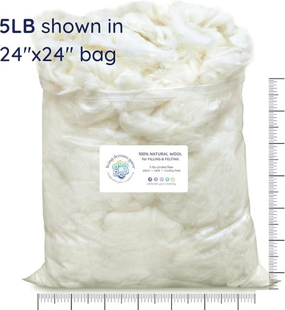Core Wool for Needle Felting, Crochet Toys, Amigurumi Stuffing. Super Clean Wool Filler for Pillows, Stuffed Animals, Dryer Balls. 5LB, Natural White