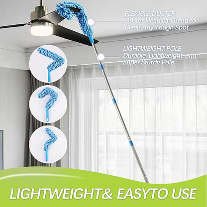 High Reach Duster Kit with14 ft Extension Pole High Ceiling Dusting and Window Cleaning Kit with Spliceable Pole - Cobweb Duster, Fan Blade, Window Washer & Squeegee and Feather Dusters