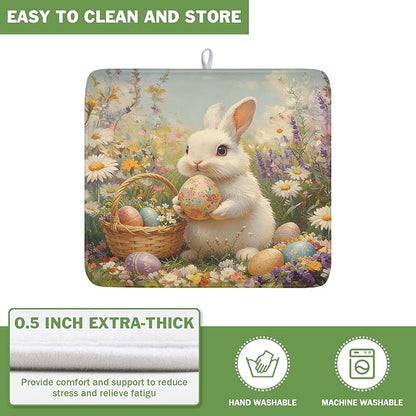 Easter Bunny Eggs Dish Drying Mat for Kitchen Counter 16 x 18 Inch Rabbit Floral Dish Drainer Mat Absorbent Microfiber Dish Rack Pad for Spring Holiday Coffee Dining Bar Decor