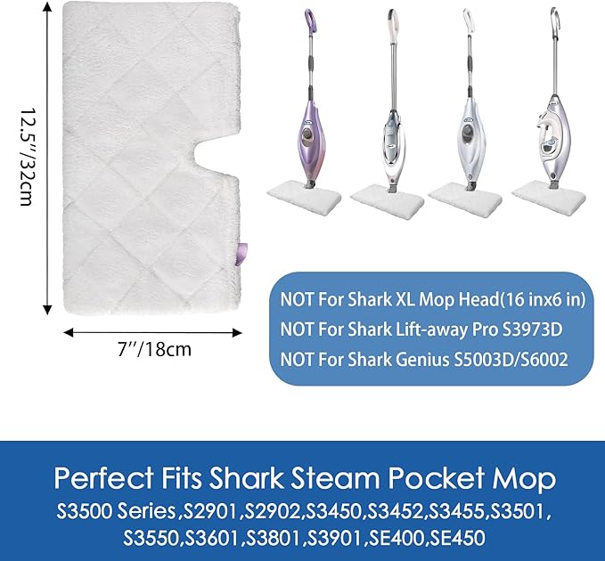 S3501 S3601 Steam Mop Replacement Pads Compatible with Shark Steam Pocket Mop, Vacmop Replacement Pads for Shark Steamer Pads S3500 Series S3501 S3601 S3550 S3601D S3901 S3801 S3801CO, White