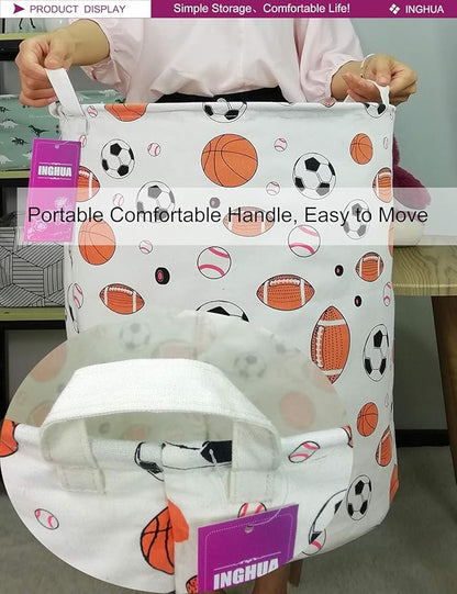 Laundry Hamper Large Canvas Fabric Lightweight Storage Basket/Toy Organizer/Dirty Clothes Collapsible Waterproof for College Dorms, Boys and Girls Bedroom,Bathroom(Ball game)
