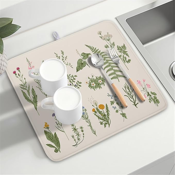 Kawani Sage Flower Herbs Dish Drying Mat For Kitchen Counter 16x18 In Green Leaves Microfiber Absorbent Dishes Pad Wild Plant Herbs Drying Pad Dish Drainer Rack Absorbent Fast Dry Kitchen Accessories